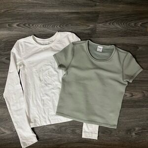 Aritzia TNA Waffle Crew T Shirt Green, White Long Sleeve Women's Sz S Lot Of 2